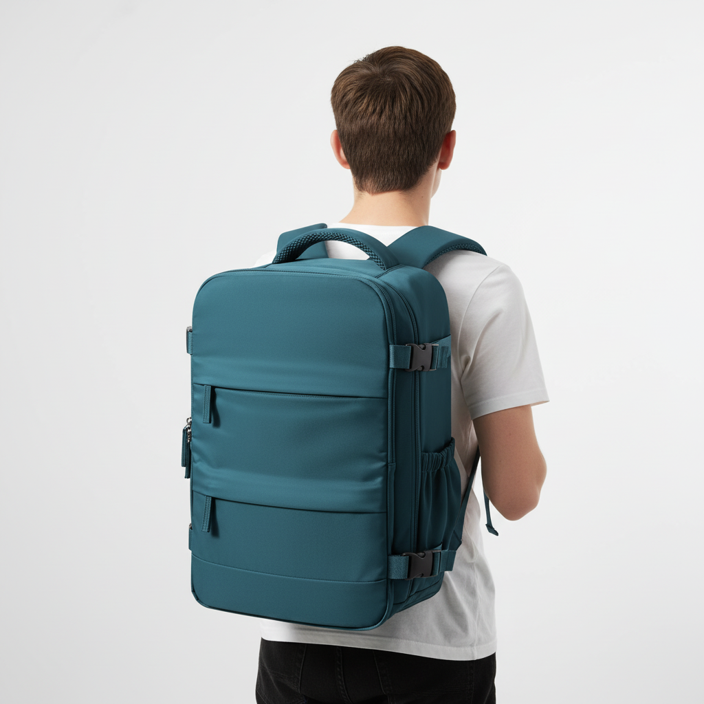 Compact cabin travel backpack, perfect carry-on size for flights. Versatile unisex design with side pockets for bottles.