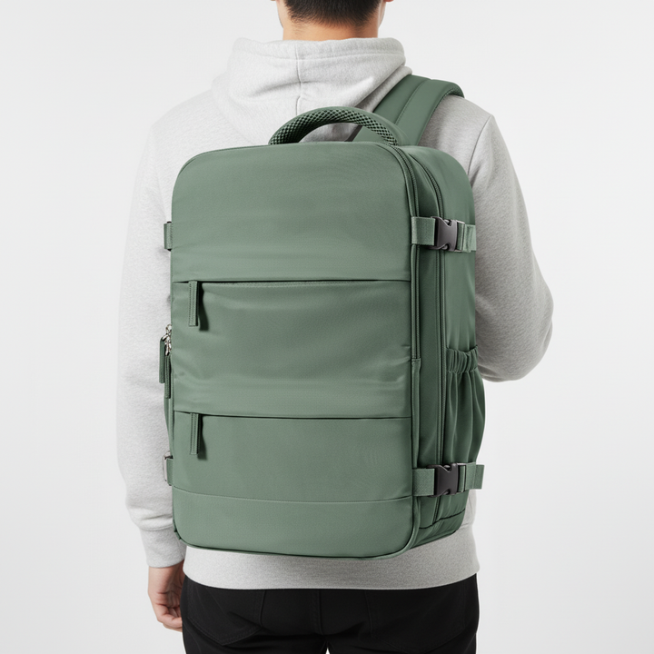 Rear view of unisex compact cabin travel backpack with padded straps & breathable back panel for comfortable carrying.