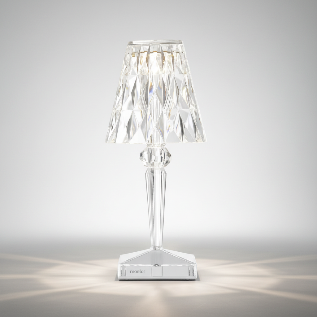 Beautiful Prismara crystal lamp, a unique table lamp creating a warm glow for bedroom & living spaces.