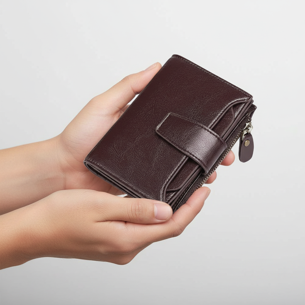 Mini leather wallet for women, multicolor design, RFID-blocking technology included.