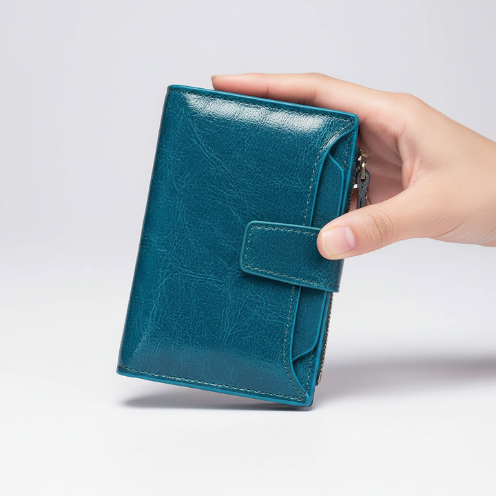 Compact cash organizer for women, real leather, with RFID security for cards.