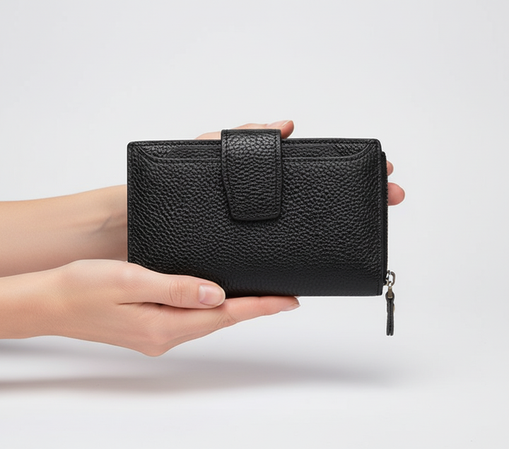 Ladies' multicolor compact leather wallet, RFID-secure, ideal for carrying essentials.