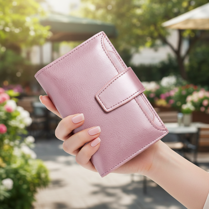 Elegant women's compact leather wallet with RFID blocking, perfect for cards & cash.