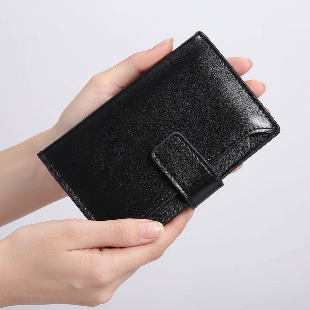 RFID-blocking compact leather wallet for women, a secure & elegant cash & card holder.
