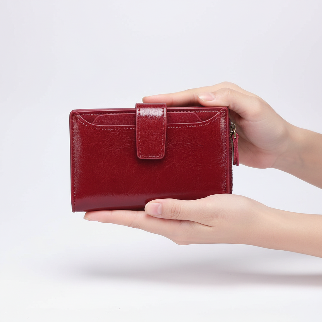 Women's genuine leather compact wallet, RFID protected, for secure card storage.