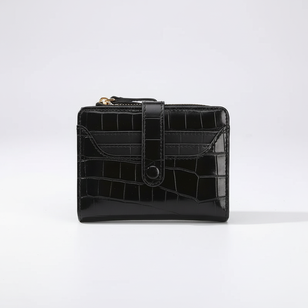 Small women's everyday wallet, a compact luxury purse with card holder slots & snap closure.