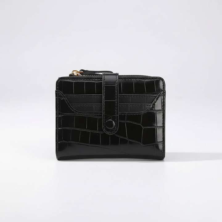 Small women's everyday wallet, a compact luxury purse with card holder slots & snap closure.