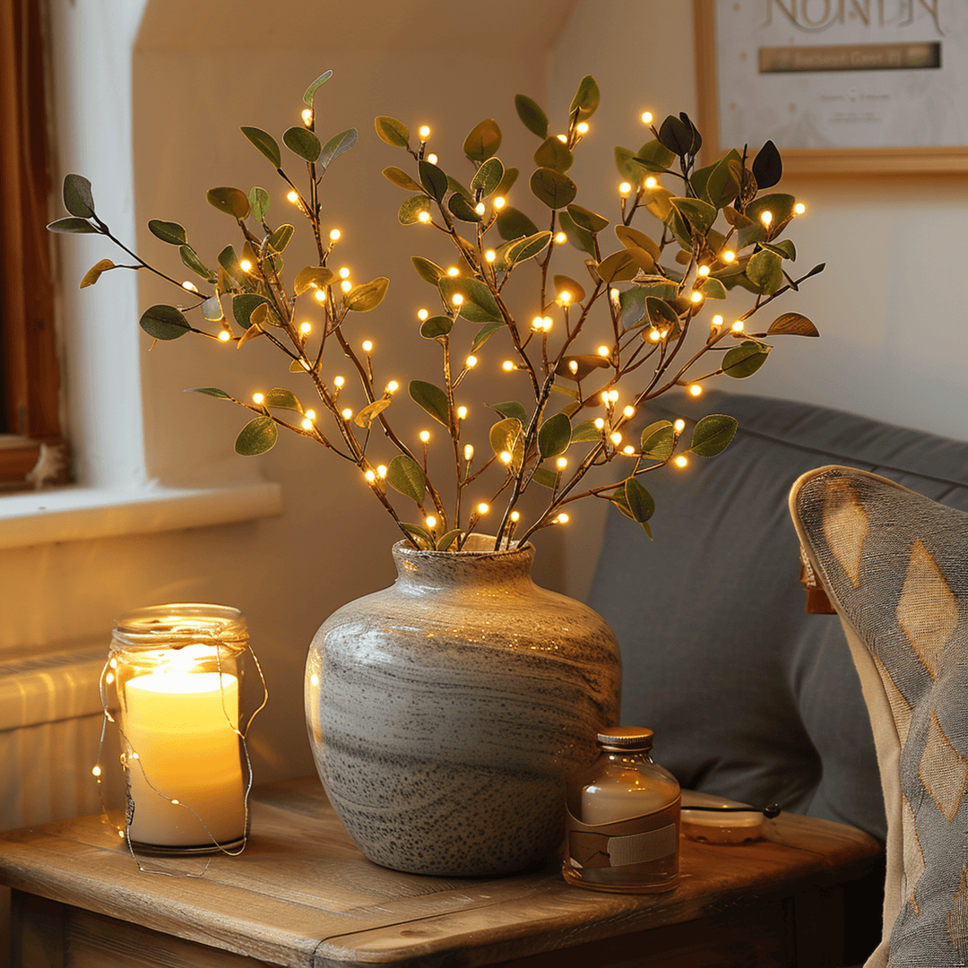 GlowTwiggle LED olive branch, a unique decorative branch with warm lights for stylish home decor & ambiance.