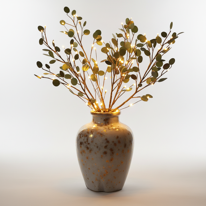 Elegant LED olive branch accent light. Battery-operated, ideal for tabletop or shelf home decor, warm glow.