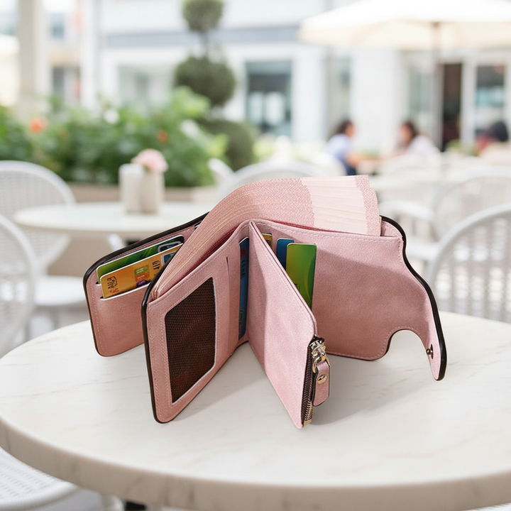 Elegant women's compact zip wallet with matte finish, perfect for cards & coins. Stylish everyday carry.