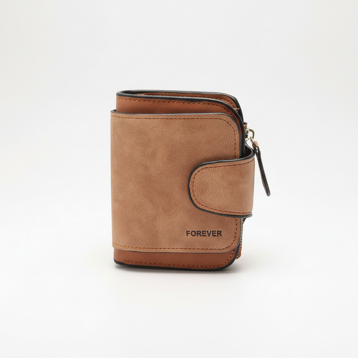 Close-up of elegant women's compact zip wallet, highlighting the luxurious matte finish and secure zip closure.