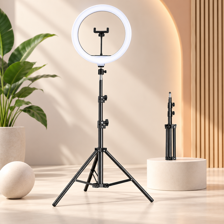 Professional LED ring light kit with adjustable tripod, phone holder for photography & video content.