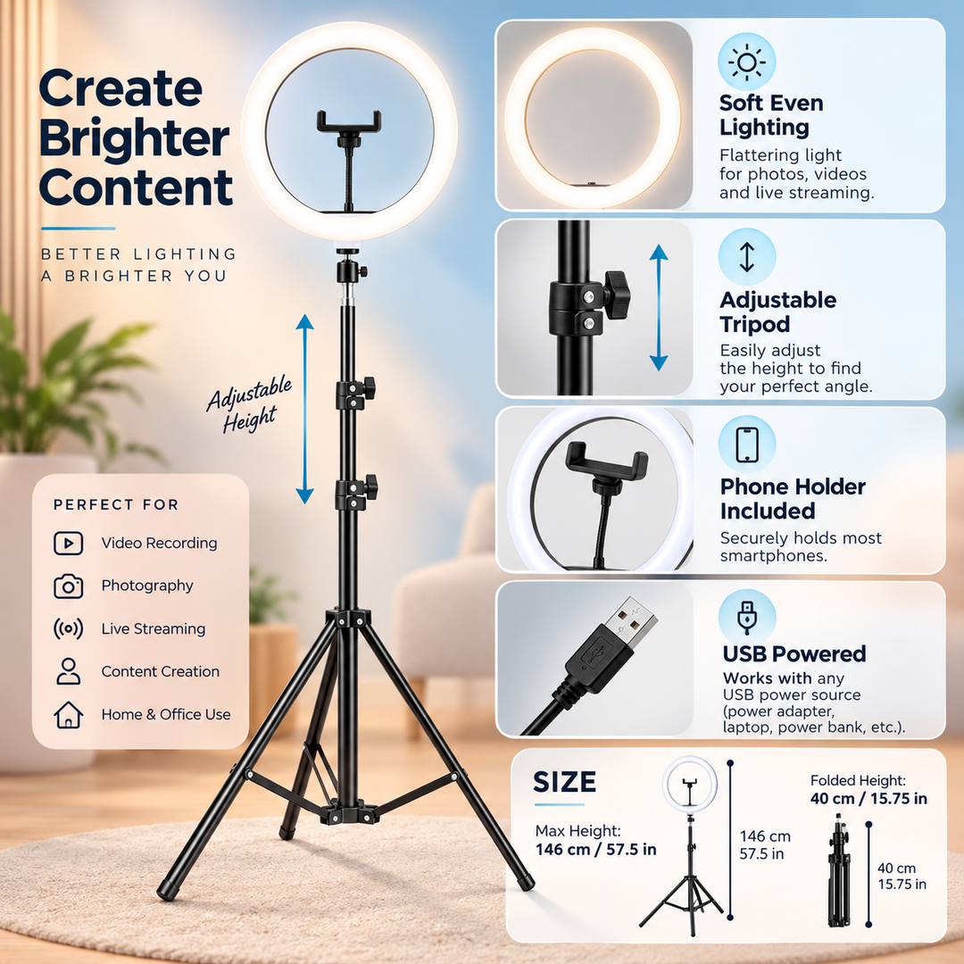 Versatile LED studio light with adjustable tripod & phone holder, ideal for live streams & portraits.