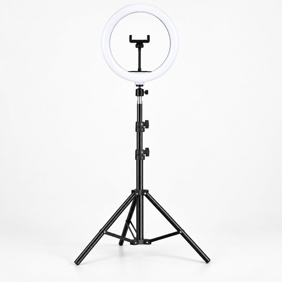 Adjustable LED ring light for streaming, YouTube videos & makeup, featuring a sturdy tripod stand.
