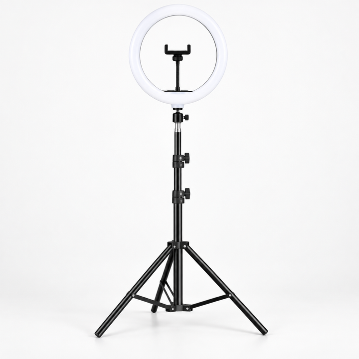 Adjustable LED ring light for streaming, YouTube videos & makeup, featuring a sturdy tripod stand.