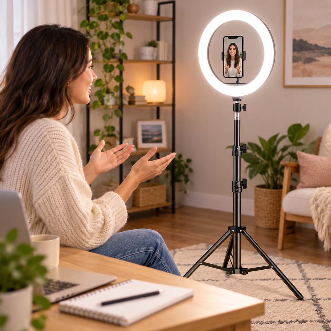 USB-powered LED photography light kit with phone mount & adjustable tripod for studio & vlogging.