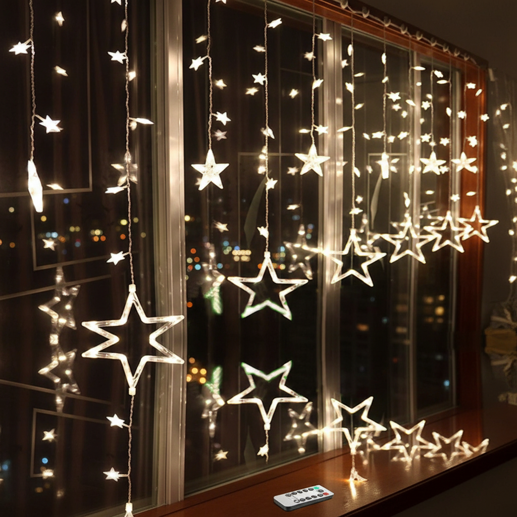 Universal LED star curtain lights for enchanting indoor & outdoor ambiance.