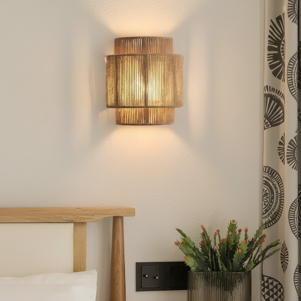 Hand-woven rattan wall sconce with LED light for natural home decor, adding bohemian charm to any room.