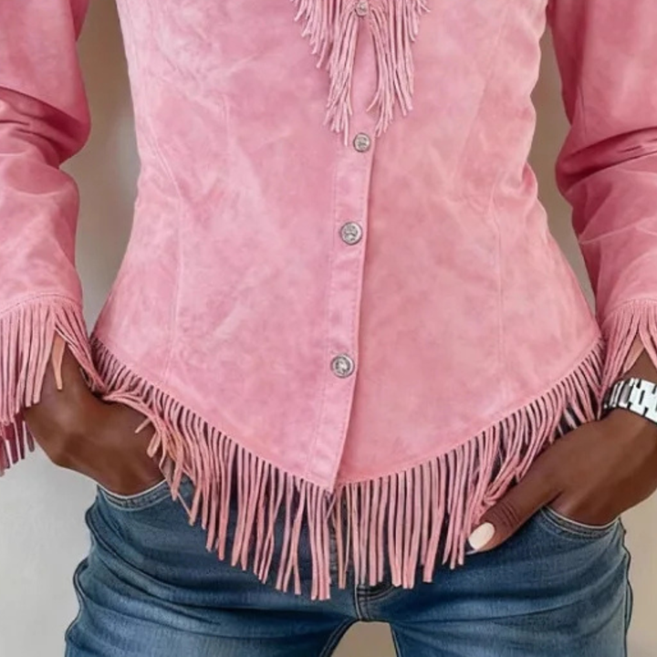 Women's pink long-sleeve fringed button-up shirt. Chic bohemian style, a versatile casual top for women.