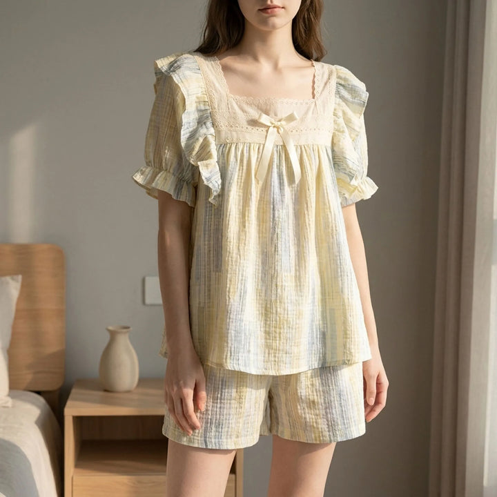 Women's comfortable lace trim pyjama short set for relaxed sleepwear and cozy loungewear.