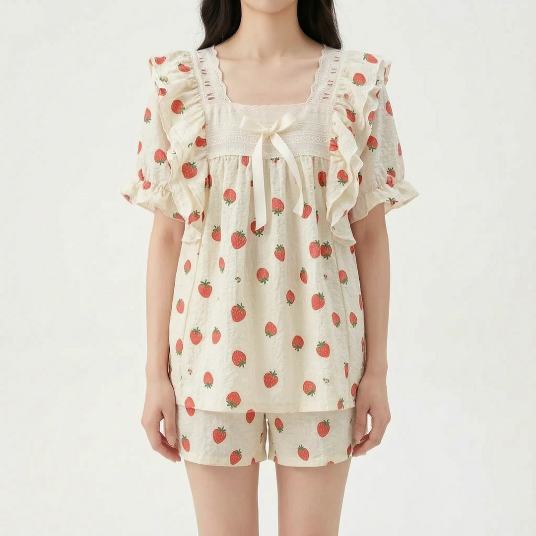 Women's comfortable floral print pyjama short set with lace trim for stylish sleep.