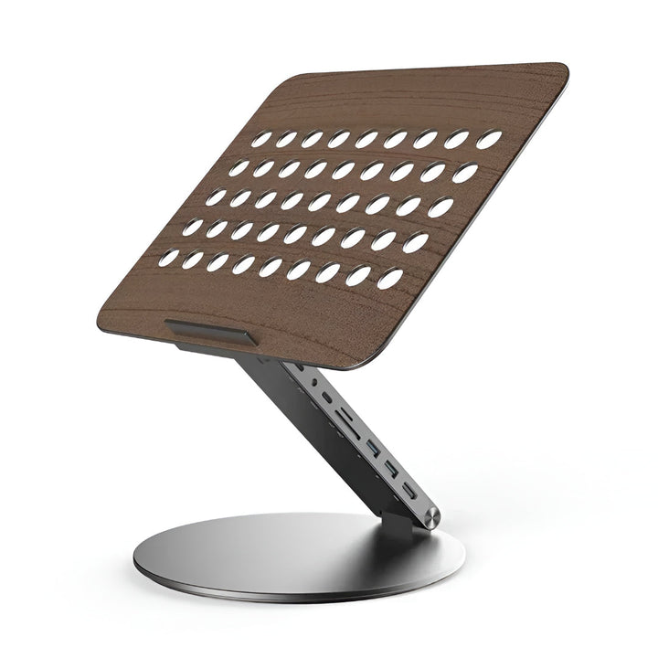 Sleek grey adjustable laptop stand with USB C hub & rotating base, enhancing productivity & decluttering your desk.