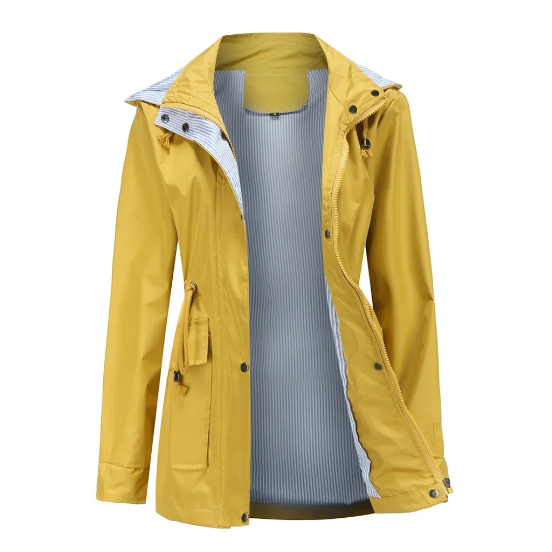 Stylish waterproof women's rain jacket; a long trench coat with a convenient detachable hood for outdoor activities.