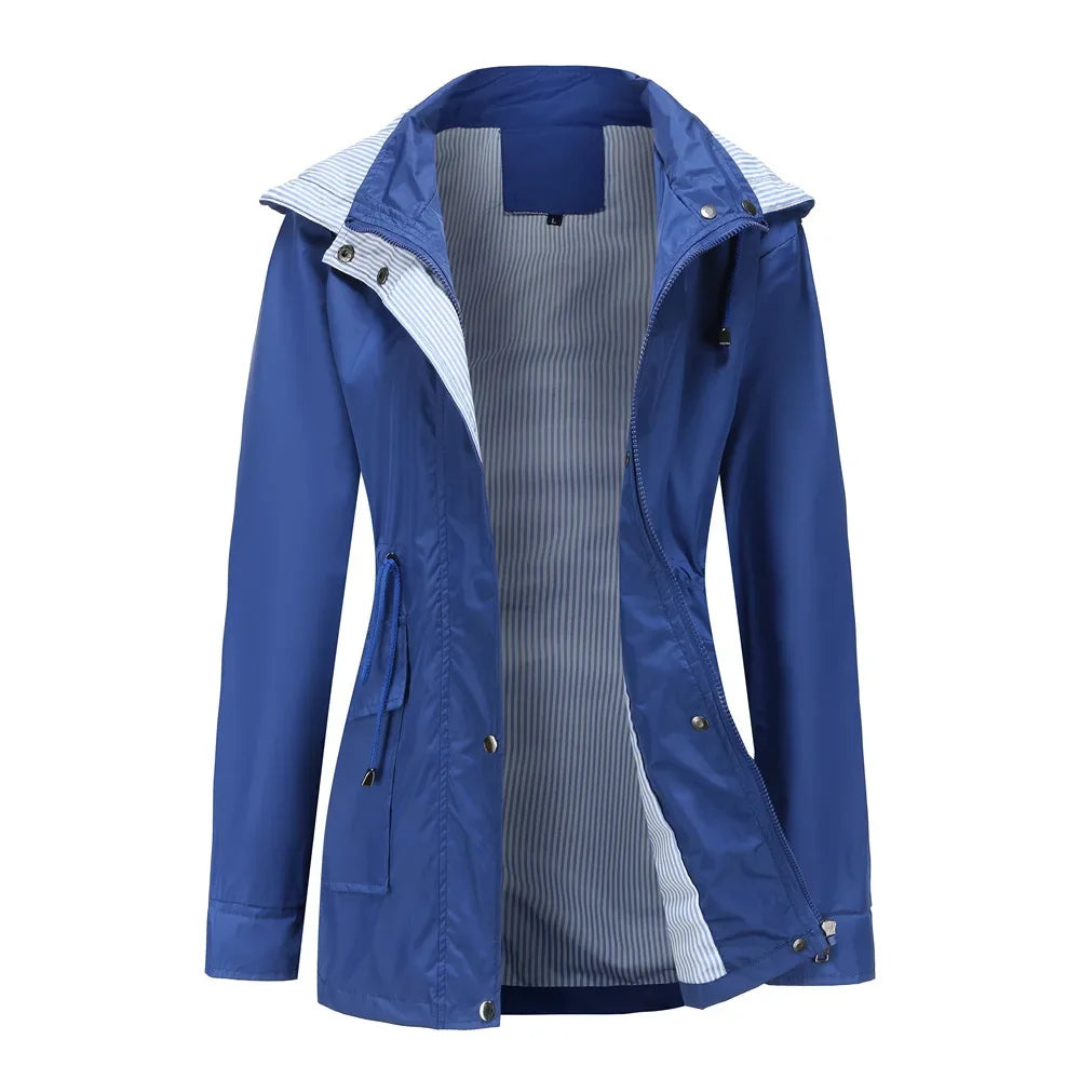 Fashionable women's waterproof trench coat with detachable hood, excellent for various weather and stylish layering.