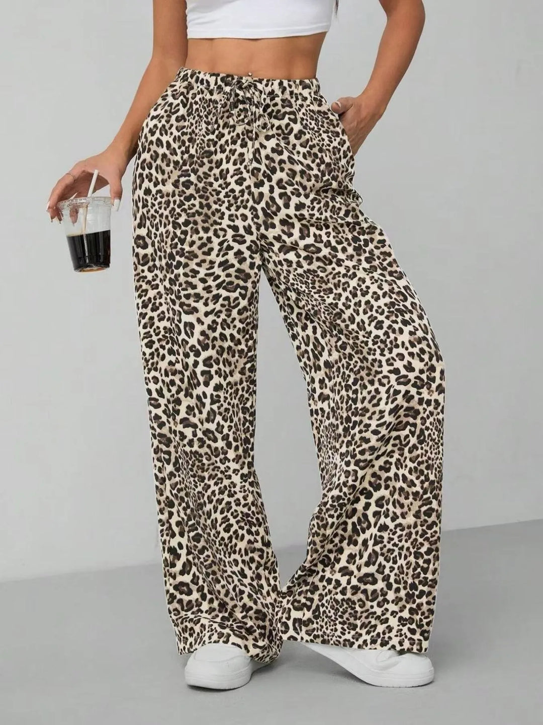 Eye-catching leopard print wide leg pants for women, combining stylish pattern with effortless comfort.