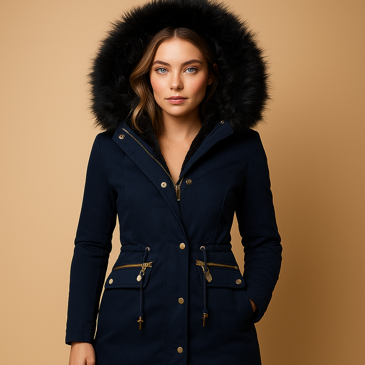 Cozy women's cold weather coat, insulated with a fashionable faux fur hood for ultimate winter warmth.