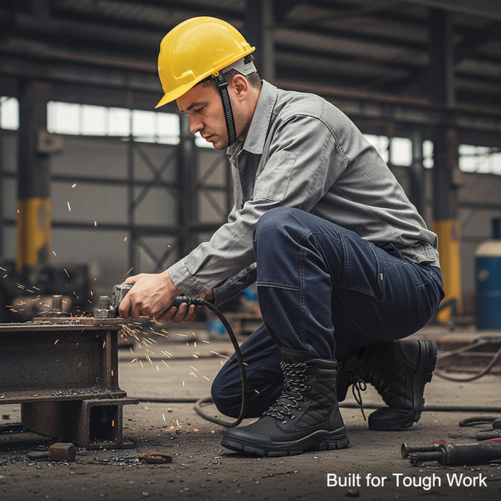 Rugged men's steel toe safety boots. Black, durable, slip-resistant, and comfortable for industrial work.