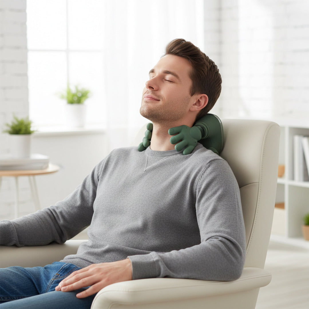 Ergonomic wireless heated neck & shoulder massage pillow, designed for ultimate comfort & relaxation.