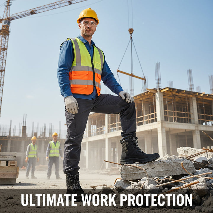 Durable black steel toe boots for men. Featuring side zip for convenience & slip-resistant outsole for safety.