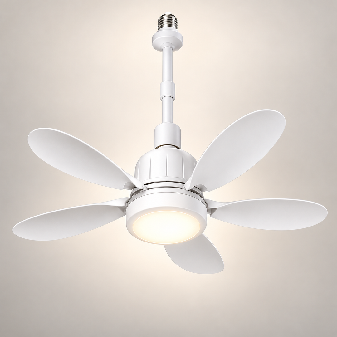 Modern smart home ceiling fan with bright LED light, remote control, and energy-saving design for comfort.