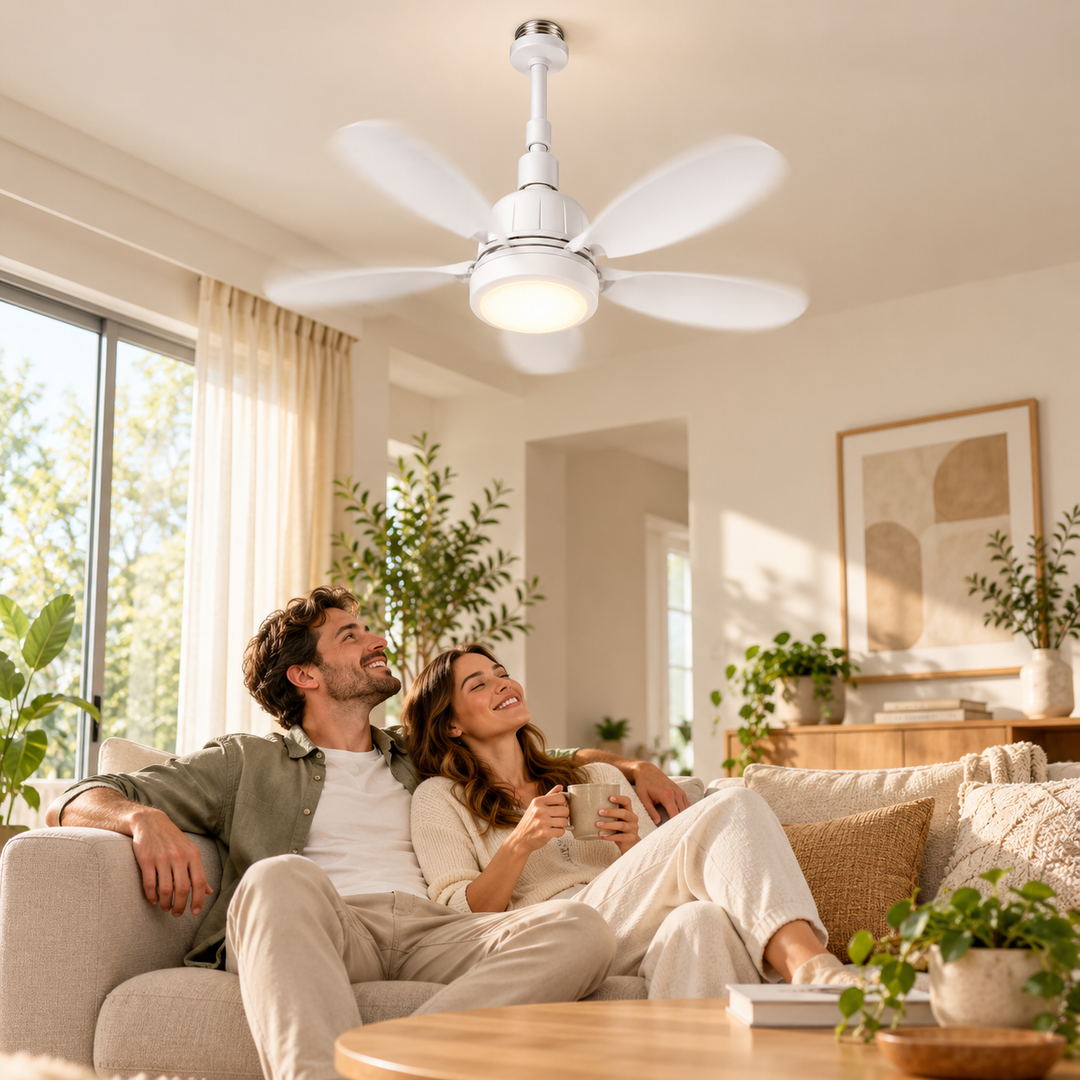 Rental-friendly ceiling fan with powerful cooling, dimmable LED light, and convenient remote control operation.
