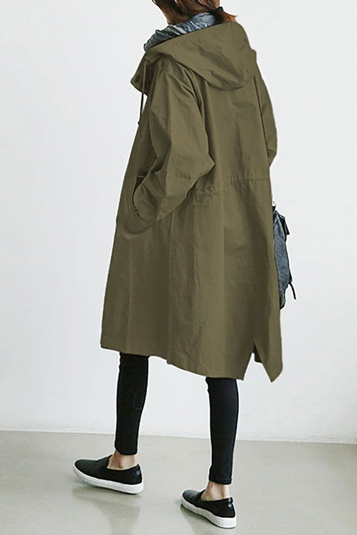 Durable waterproof women's trench coat, elegant classic style with hood for all-weather fall & spring fashion.