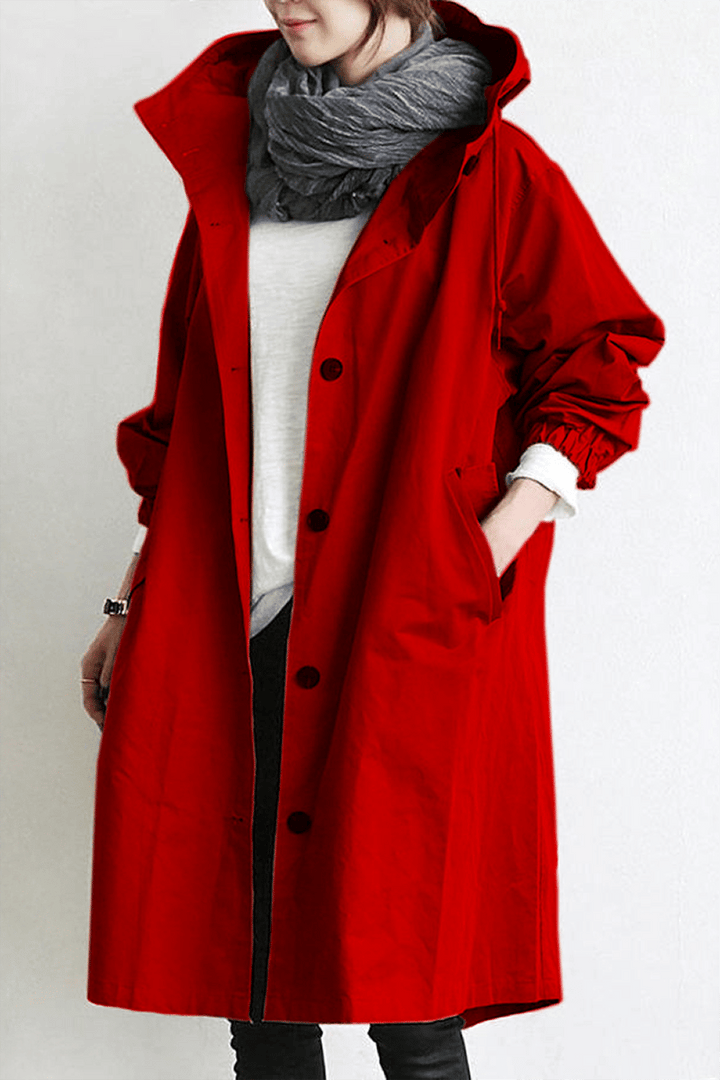 Women's elegant waterproof trench coat with hood, back view, classic all-weather outerwear for fall & spring.