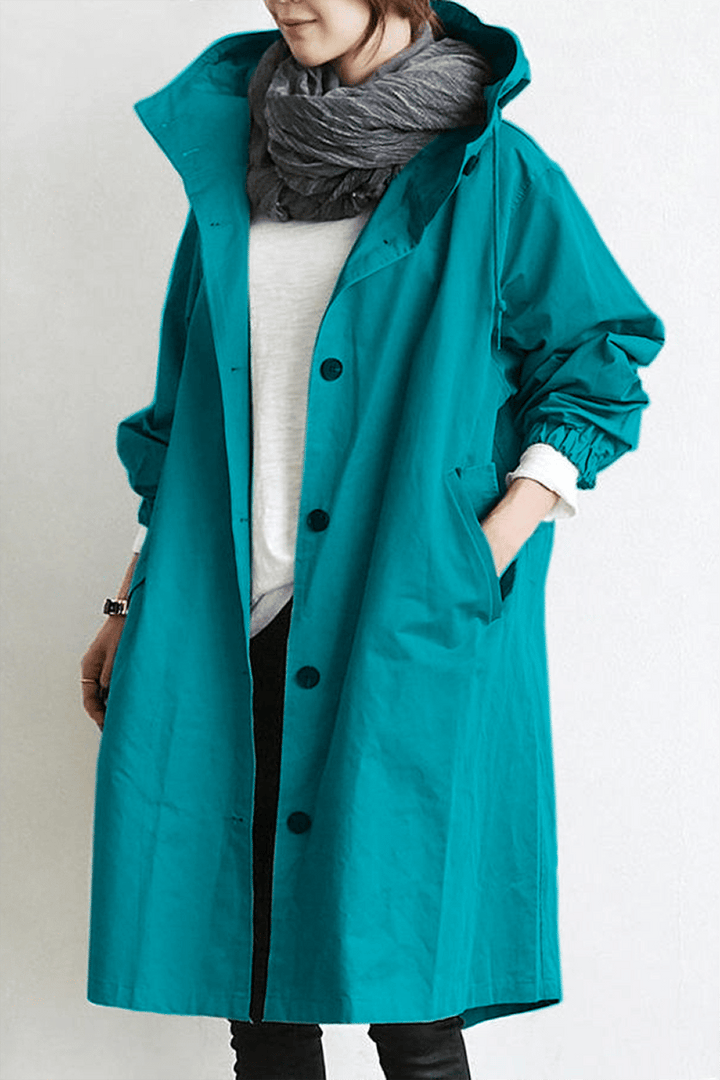 Versatile women's elegant waterproof trench coat with hood, classic style for all-weather fashion.