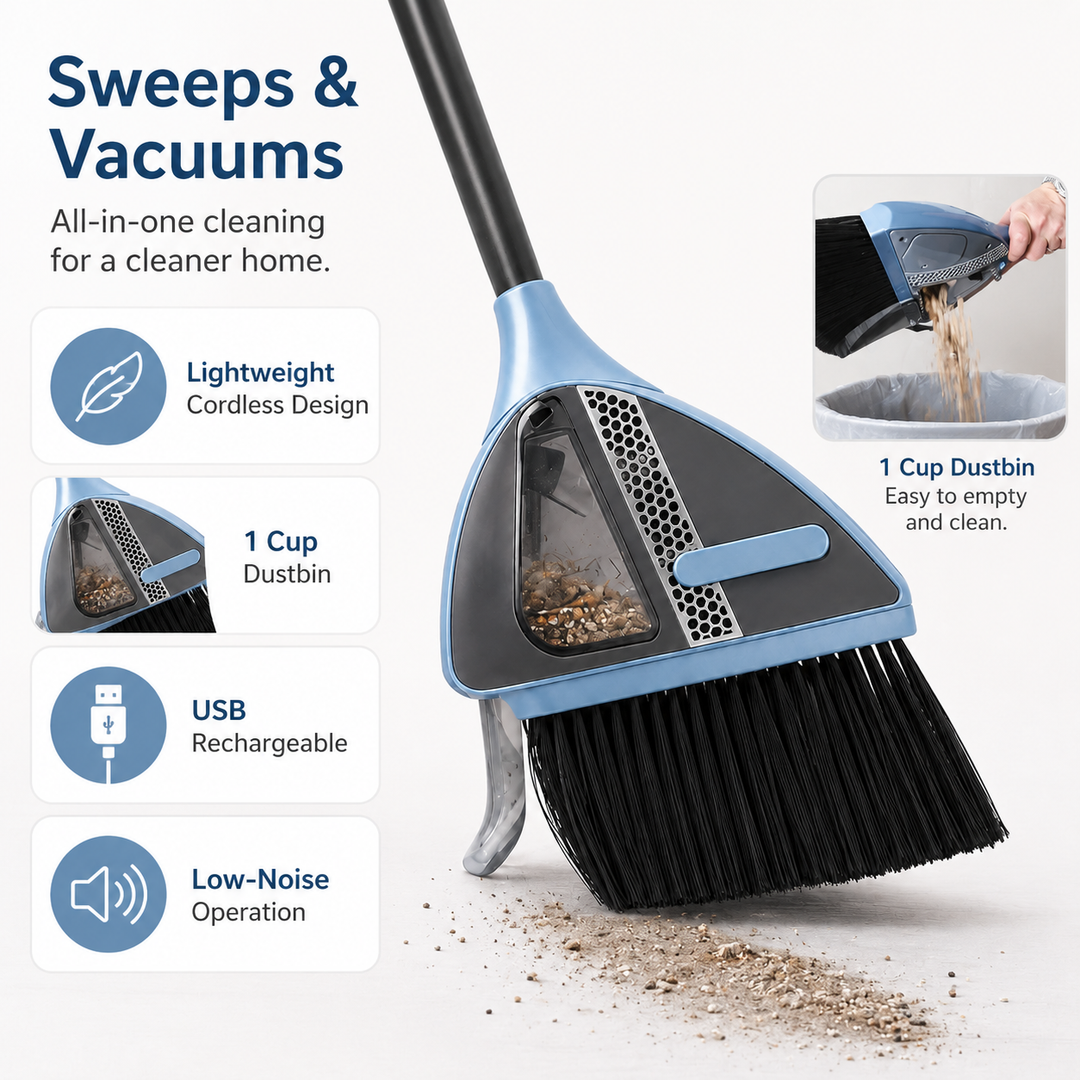 Modern lightweight cordless vacuum broom cleaner, ideal for daily household floor maintenance.