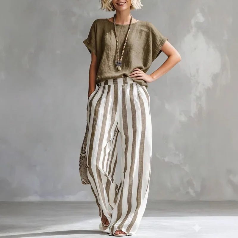 Breathable linen blend two-piece set for women. Ideal relaxed loungewear or vacation matching set for summer.