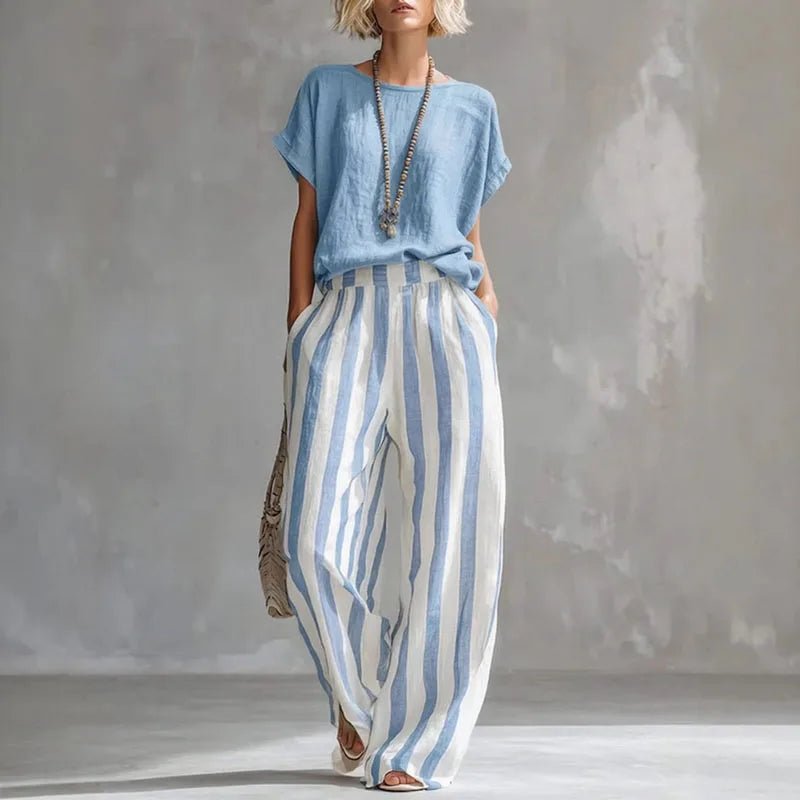 Relaxed fit women's linen blend top & wide-leg pants two-piece set, comfortable for summer casual wear.
