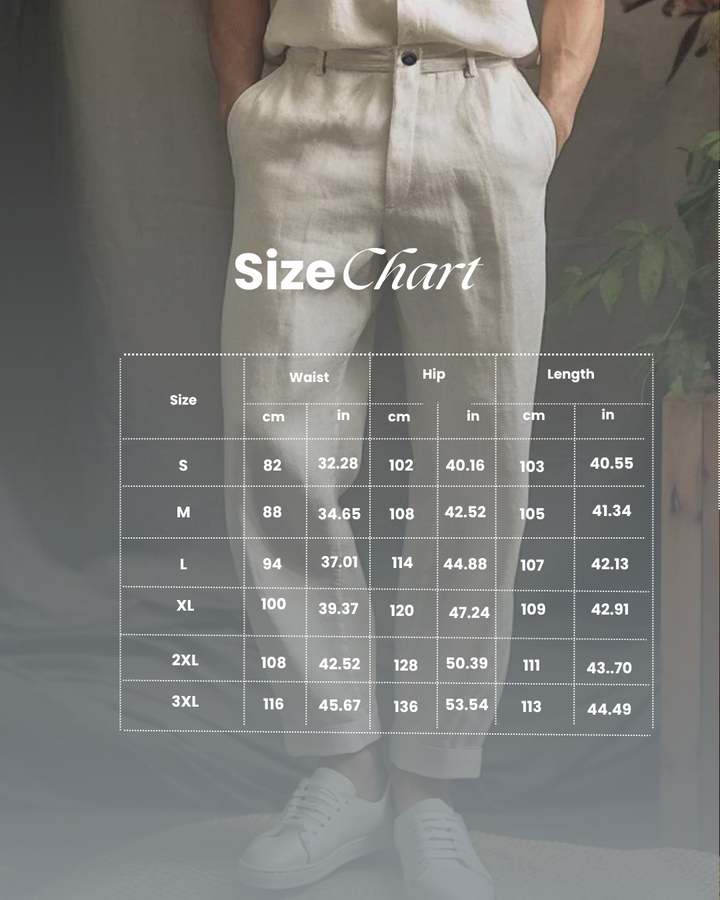 Modern men's tapered linen pants, offering a stylish look & all-day comfort. Ideal lightweight casual trousers.