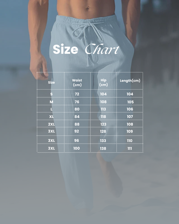 Men's full length linen pants with elastic waist for a relaxed fit. Ideal breathable summer & beach wear.
