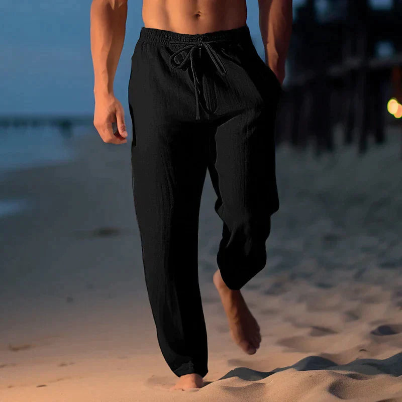 Breathable men's full-length linen pants with elastic waist. Super comfortable & lightweight casual wear.