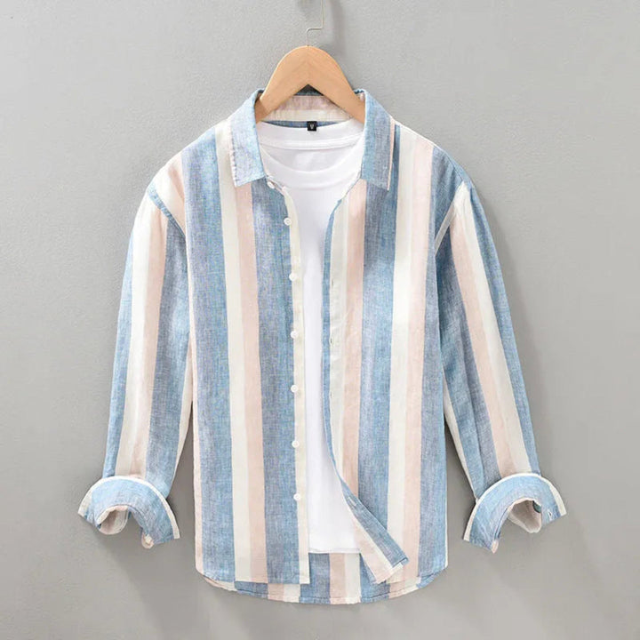 Relaxed fit men's linen shirt with stylish vertical stripes & button-down design, perfect for smart casual spring/summer.