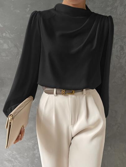 Women's elegant bishop sleeve blouse with draped neckline, perfect for sophisticated workwear or evening.