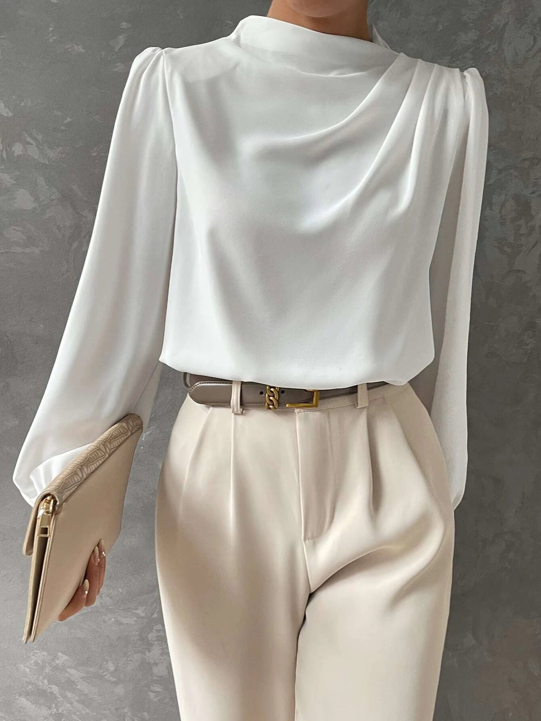 Chic women's long sleeve bishop blouse, versatile for office or elegant evening wear. Sophisticated fashion.