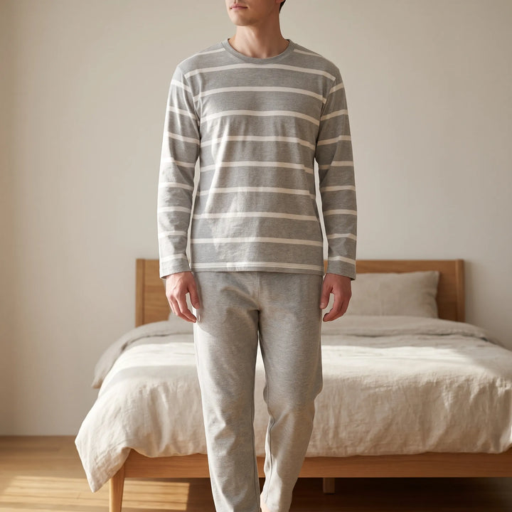 Men's relaxed fit long sleeve printed pyjamas set, perfect for comfortable sleepwear and loungewear.