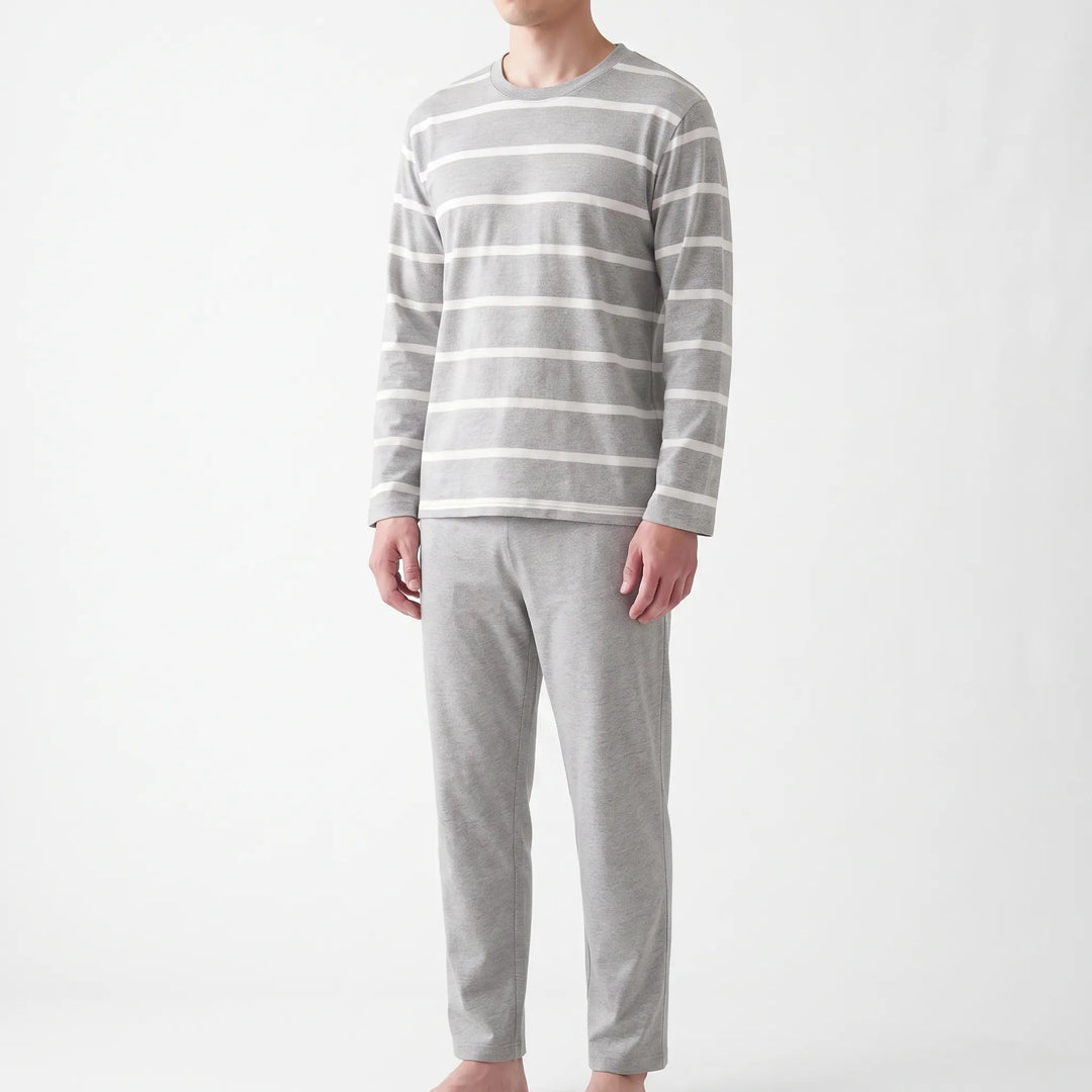 Full shot of men's relaxed fit long sleeve printed pyjamas, ideal for cozy evenings and morning loungewear.