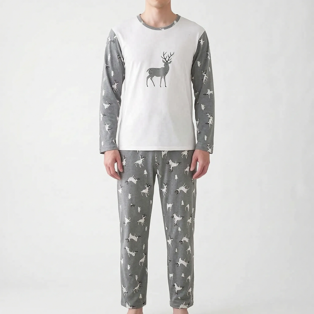 Versatile men's long sleeve printed nightwear set, designed for relaxed sleep or casual home lounging.